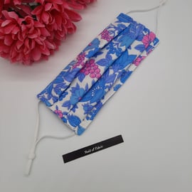 Blue and pink floral adjustable face mask,  medium 3 layer with nose wire 