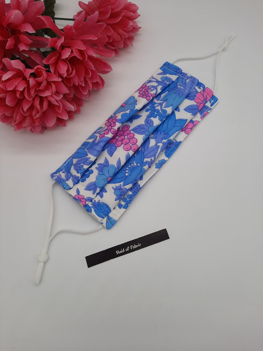 Blue and pink floral adjustable face mask,  medium 3 layer with nose wire 