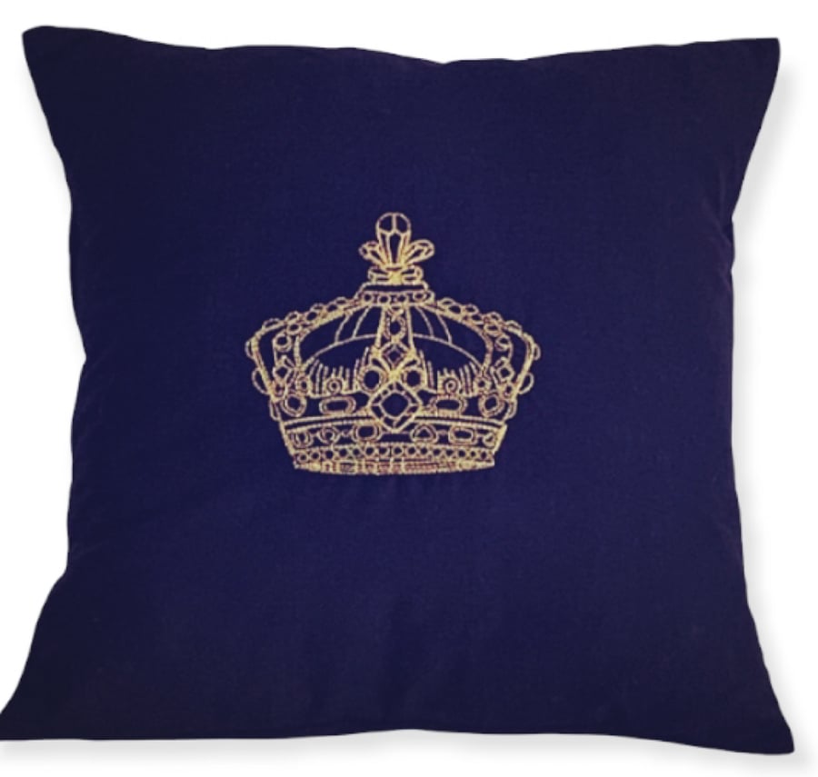 Ornate Gold Crown Embroidered Cushion Cover NAVY 