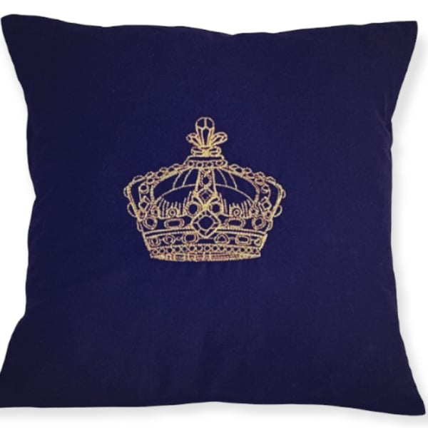 Ornate Gold Crown Embroidered Cushion Cover NAVY 
