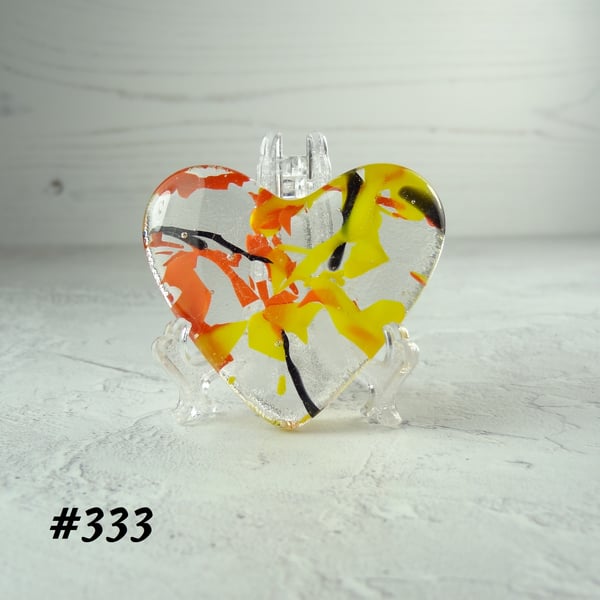Orange yellow black heart fused glass pocket hug with stand 5x4.5cm (333)
