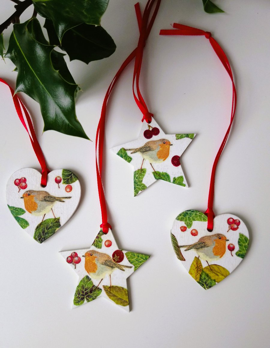 Robin Decoupage Christmas Tree Decorations Set of 4 (Set B)