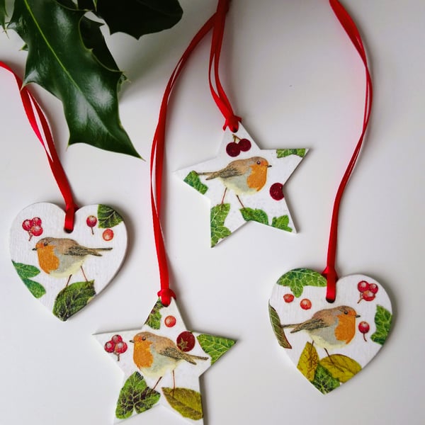 Robin Decoupage Christmas Tree Decorations Set of 4 (Set B)