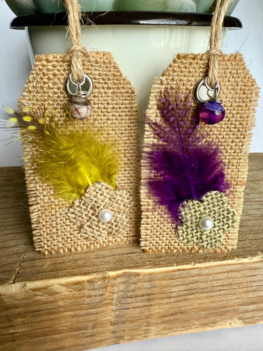 Pair Of Handmade Hessian, Feather and Gemstone Gift Tags Keepsake Gift Tags
