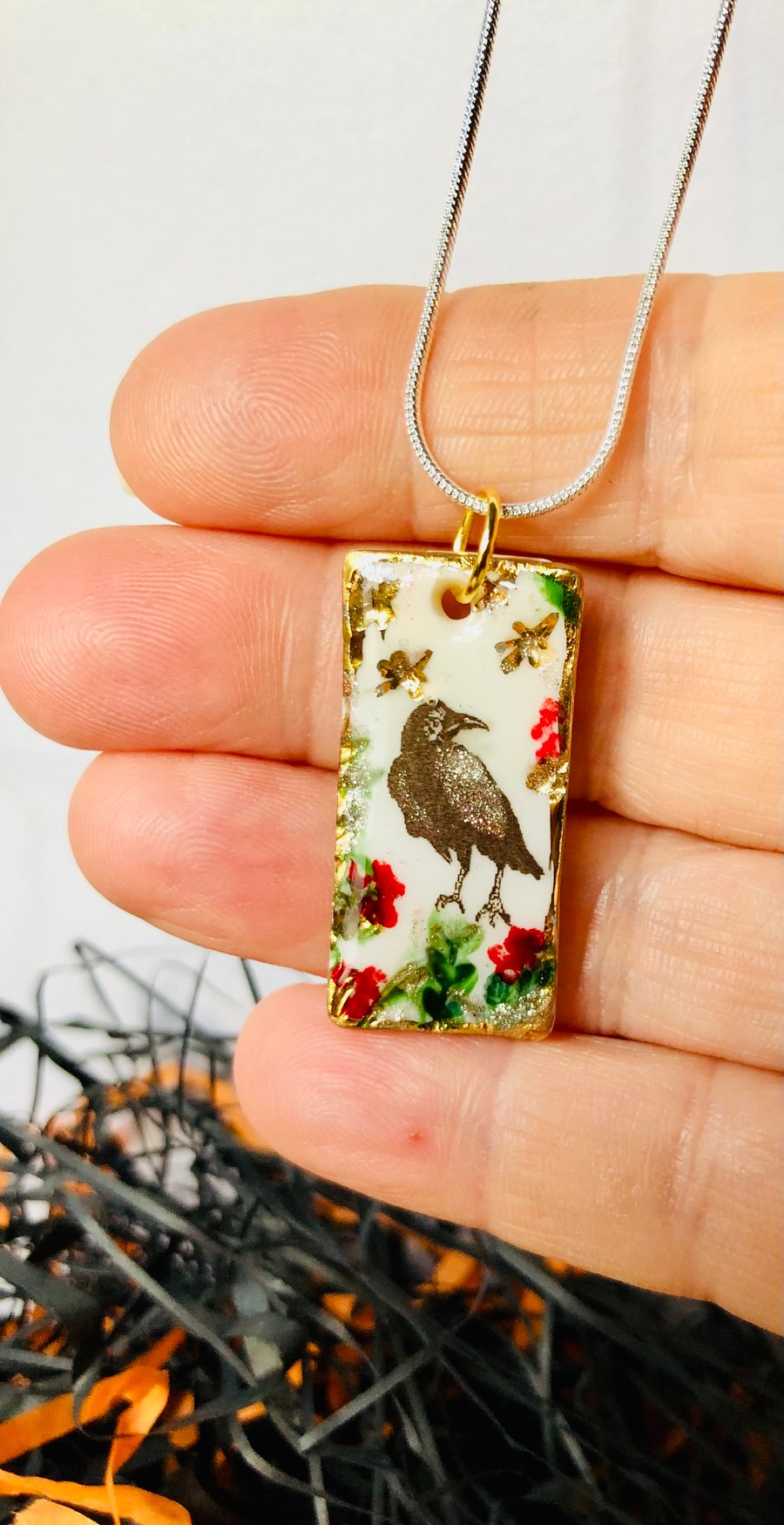 Raven pendant, hand painted, gold lustre, porcelain, resin, unique 