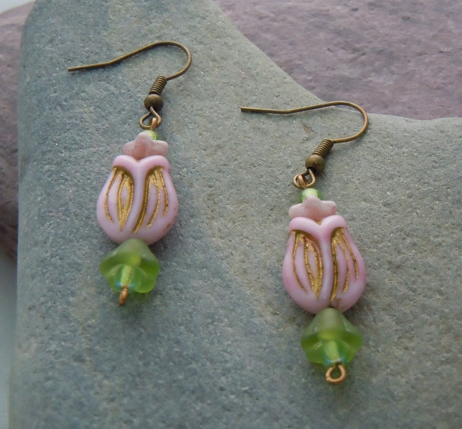 Czech glass tulip flower earrings