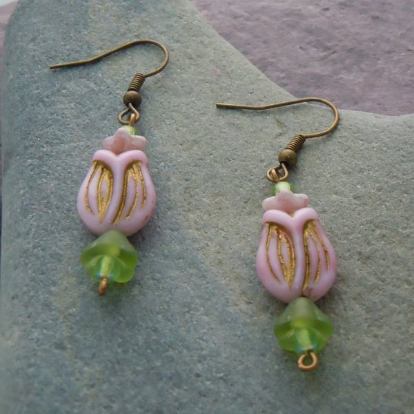 Czech glass tulip flower earrings