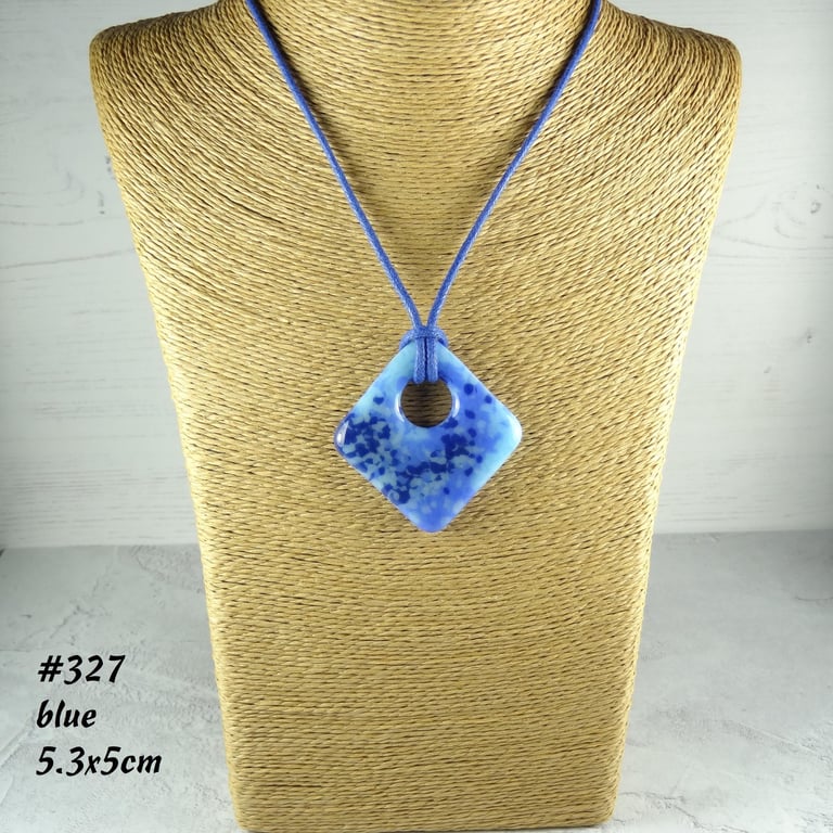 Blue fused glass pendant, rhombus, diamond shaped, waxed cotton cord (327)