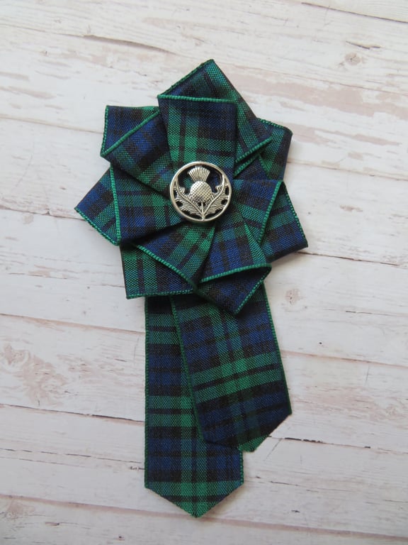 Black Watch Tartan Ruffle Rosette & Scottish Thistle Brooch Pin  