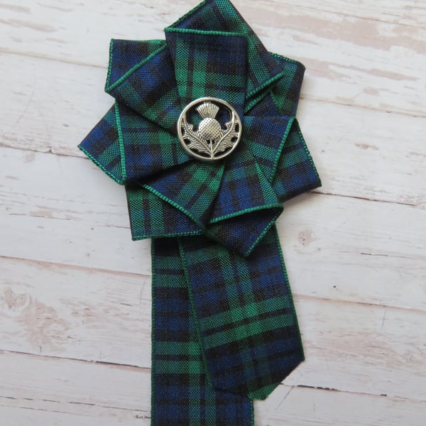 Black Watch Tartan Ruffle Rosette & Scottish Thistle Brooch Pin  