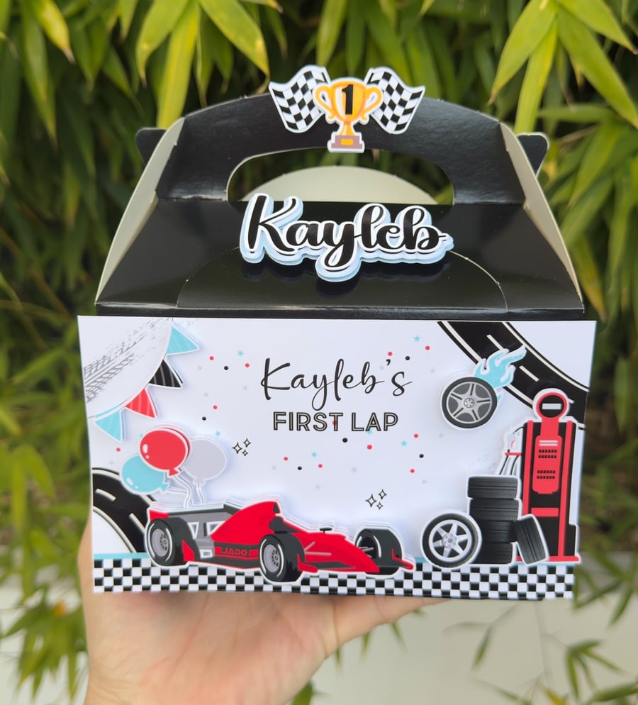 6 Personalised Red Racing car party boxes, party bags