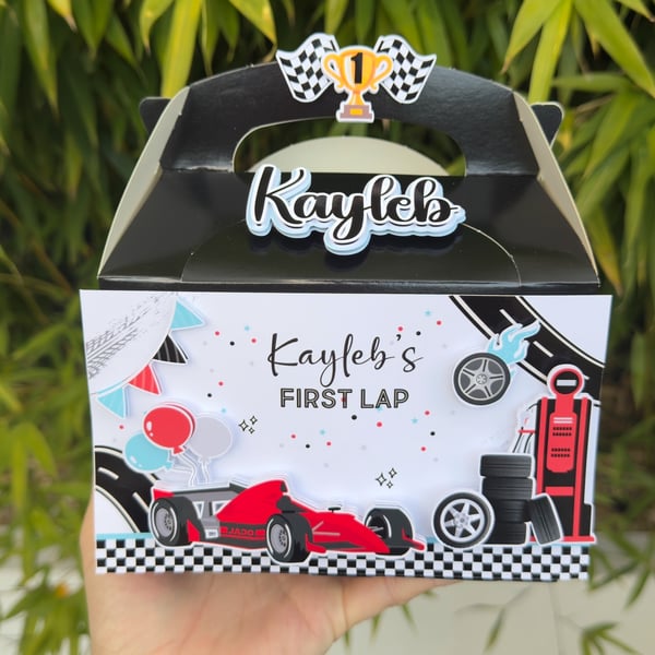 6 Personalised Red Racing car party boxes, party bags