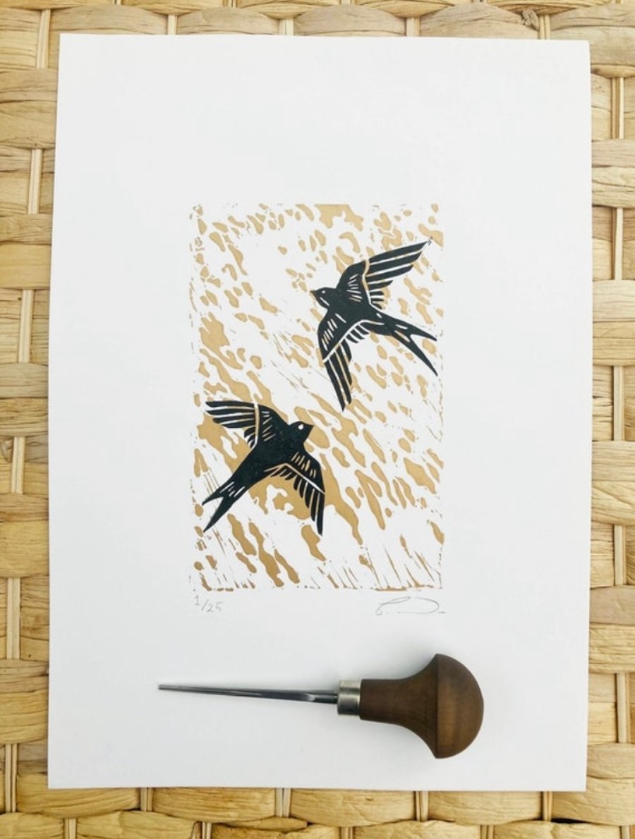 Swallows print, swallows Lino print, bird print, bird Lino print 