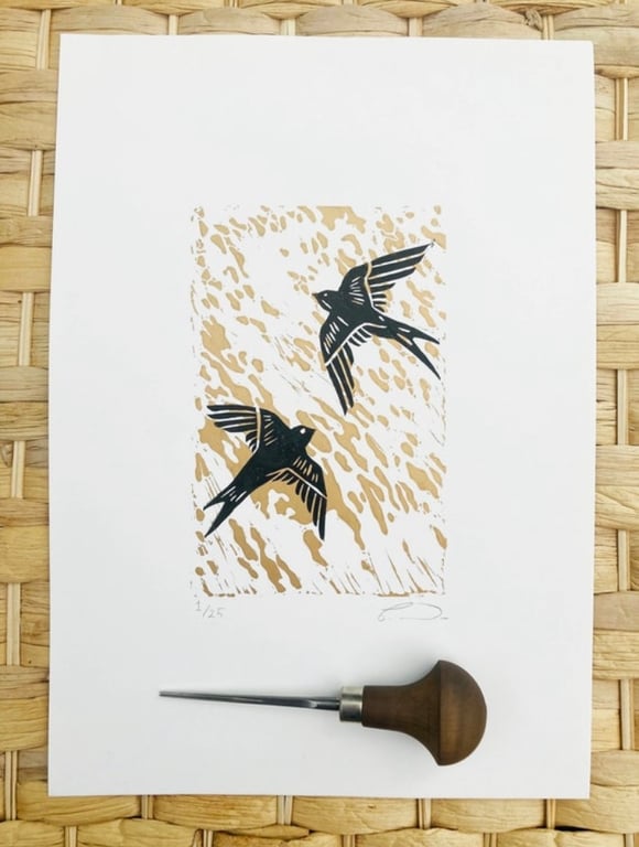Swallows print, swallows Lino print, bird print, bird Lino print 