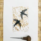 Swallows print, swallows Lino print, bird print, bird Lino print 