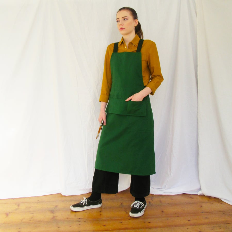 Adjustable Crossback Apron in Brushed Cotton Twill. Dark Green.
