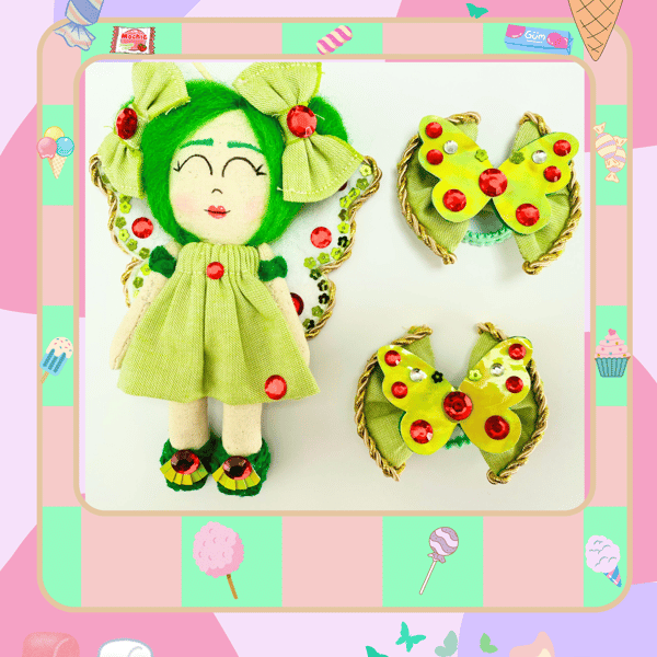 Hair Bow Bobbles and Mini Doll Green Fairy. Free Delivery UK
