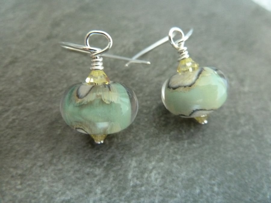 sterling silver, green lampwork earrings