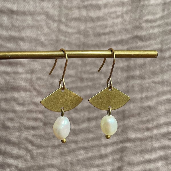 Handmade freshwater pearl and brass earrings, statement jewellery, gift for her