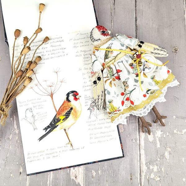 Bea,  A  Tiny Hand Embroidered Goldfinch Folk Art Doll