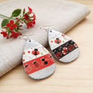 Ladybird Teardrop Earrings – Handmade Washi Dangles with Silvery Finish