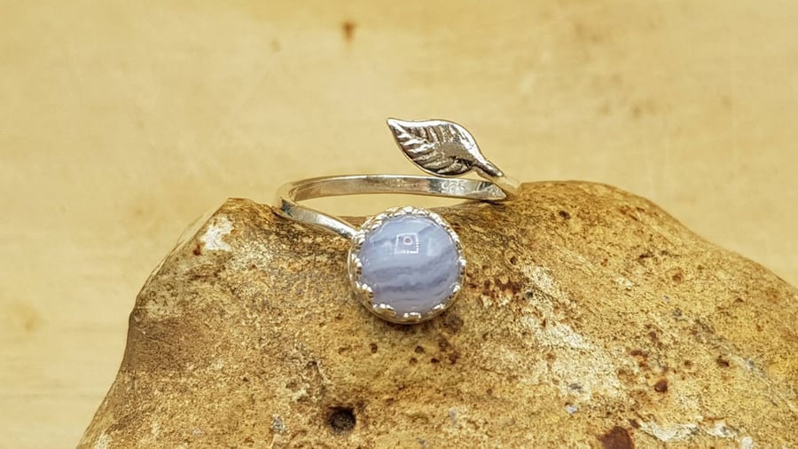 Adjustable Blue lace agate leaf ring. 925 sterling silver