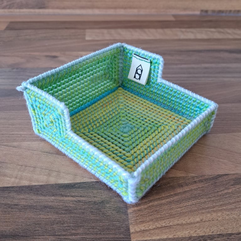 Container for small desk items - green, blue, yellow, orange pattern