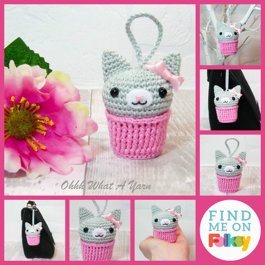 Cat in a cupcake hanging decoration. Cat bag charm. Cat gift. Cupcake kitty