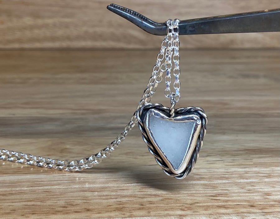 Handmade Beige-Grey Heart Shaped Welsh Sea Glass & Silver Large Pendant & Chain
