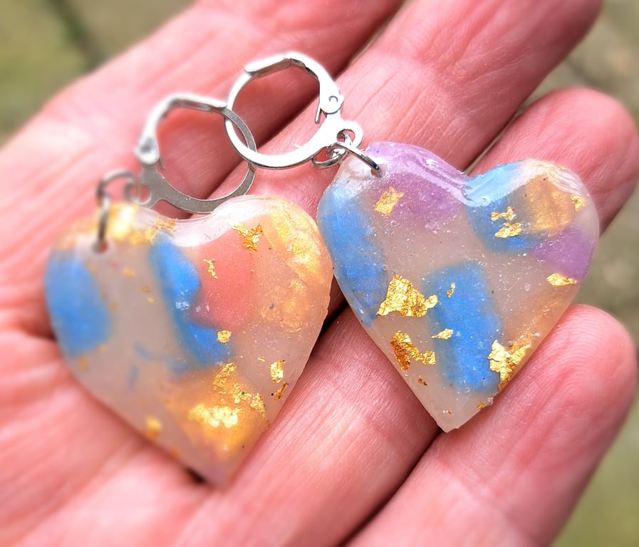 Heart shaped earrings with gold leaf, blue, purple and translucent