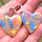 Heart shaped earrings with gold leaf, blue, purple and translucent
