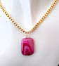 Fuchsia Stripe Agate Rectangle Pendant On Chunky Gold Plate 3mm Box Chain 17inch - Image 1