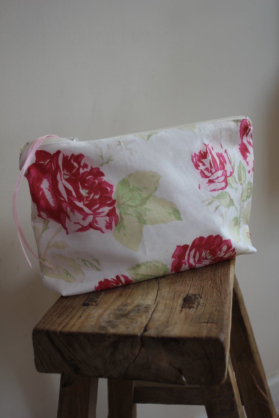 Cath Kidston 'antique rose' fabric zip up pouch - pink and cream polka lining