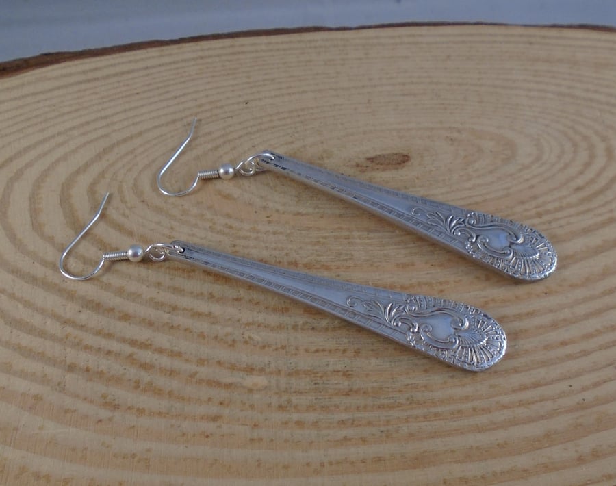 Upcycled Silver Plated Conch Sugar Tong Handle Drop Earrings SPE081902
