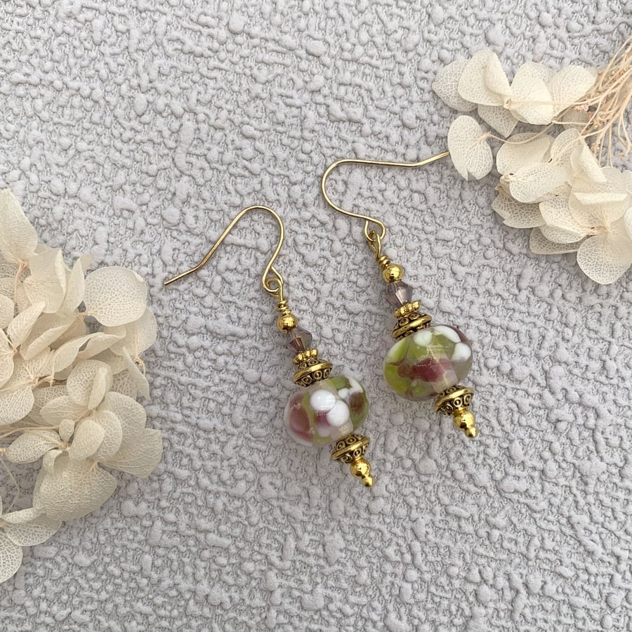 Vintage Style Patterned Lampwork Glass Drop Earrings