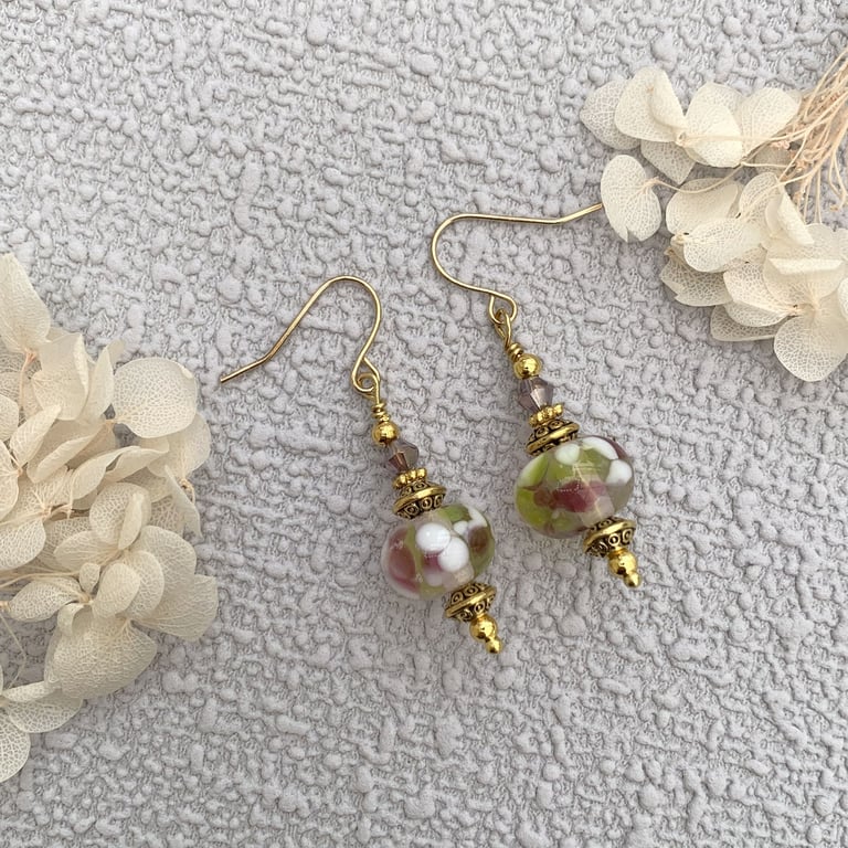 Vintage Style Patterned Lampwork Glass Drop Earrings