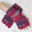 Red and grey dragon scale gloves. Fingerless gloves. Crocodile stitch. 