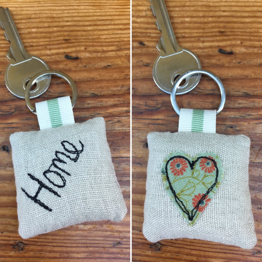 Home & heart key ring - linen & lavender embroidered keyring 