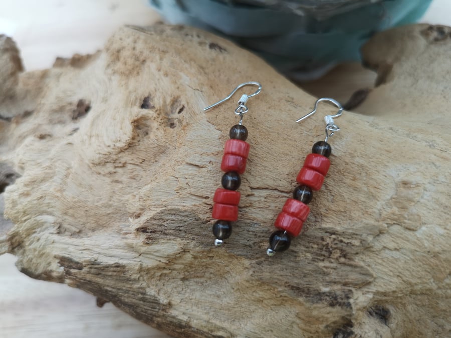 Red coral and smokey quartz sterling silver dangle earrings