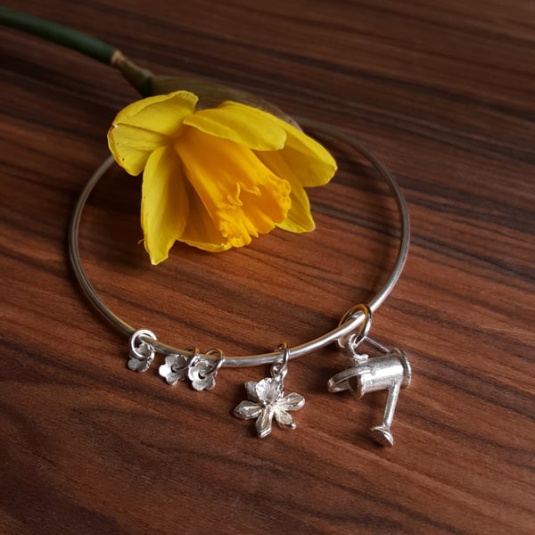 Spring Garden Charm Bangle - Sterling Silver Daffodil & Watering Can Bracelet