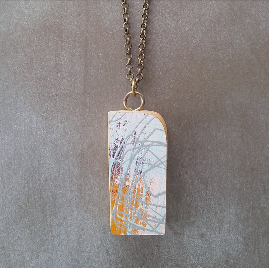 Hand Printed Wooden Necklace - Wooden Pendant - Reclaimed Wood Jewellery