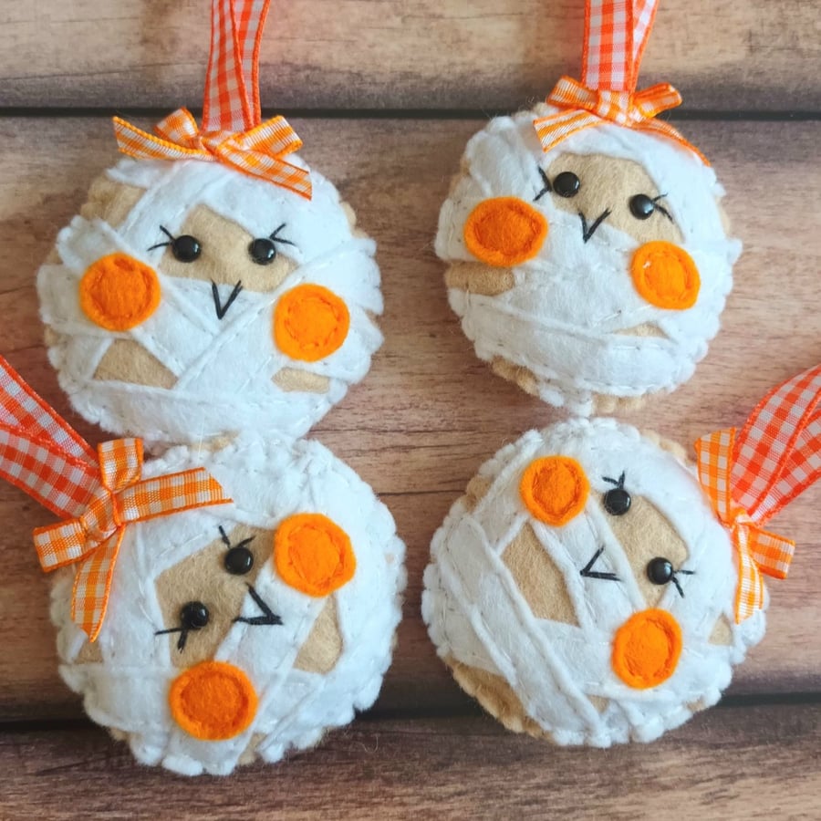 Halloween 'Mummy' hanging decoration hand sewn in wool blend felt.