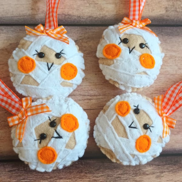 Halloween 'Mummy' hanging decoration hand sewn in wool blend felt.