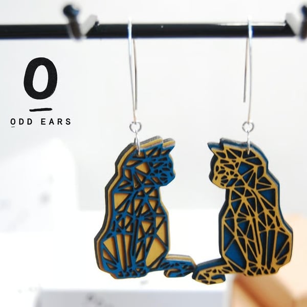 Geometric Cat Earrings in Teal & Mustard - Wood & Sterling Silver Cat Lover Gift