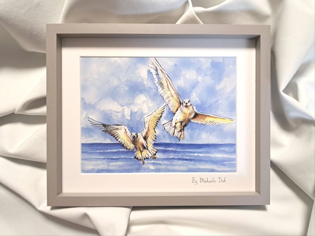 watercolour print of a seagull worthing beach sussex