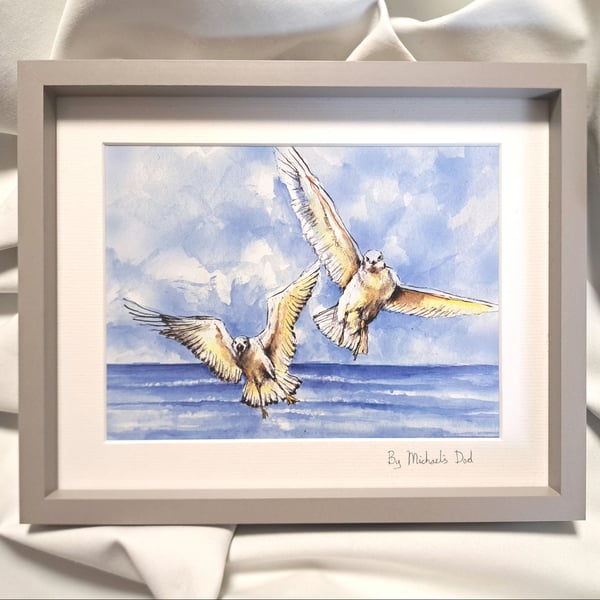 watercolour print of a seagull worthing beach sussex