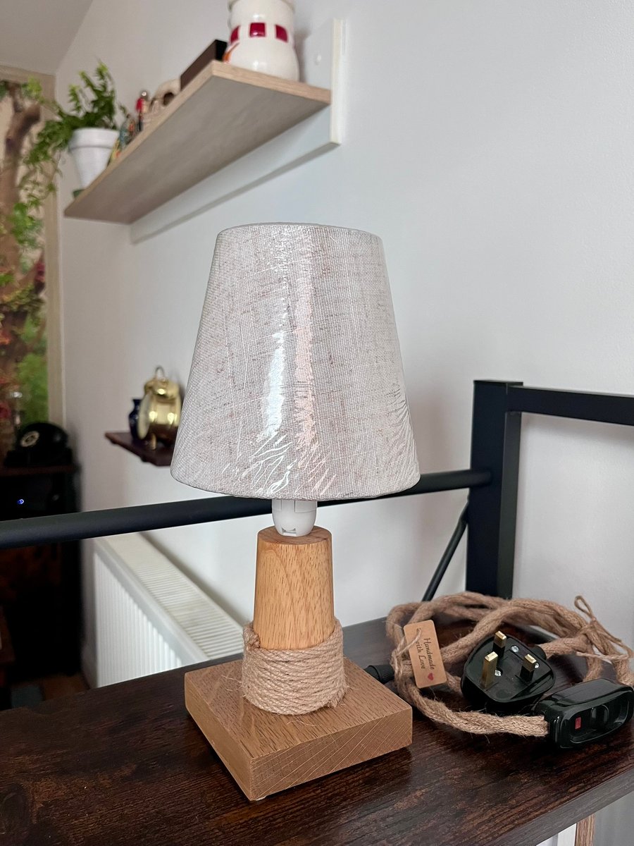 Oak Bedside Table Lamp with Fabric Shade – Handmade Rustic Light