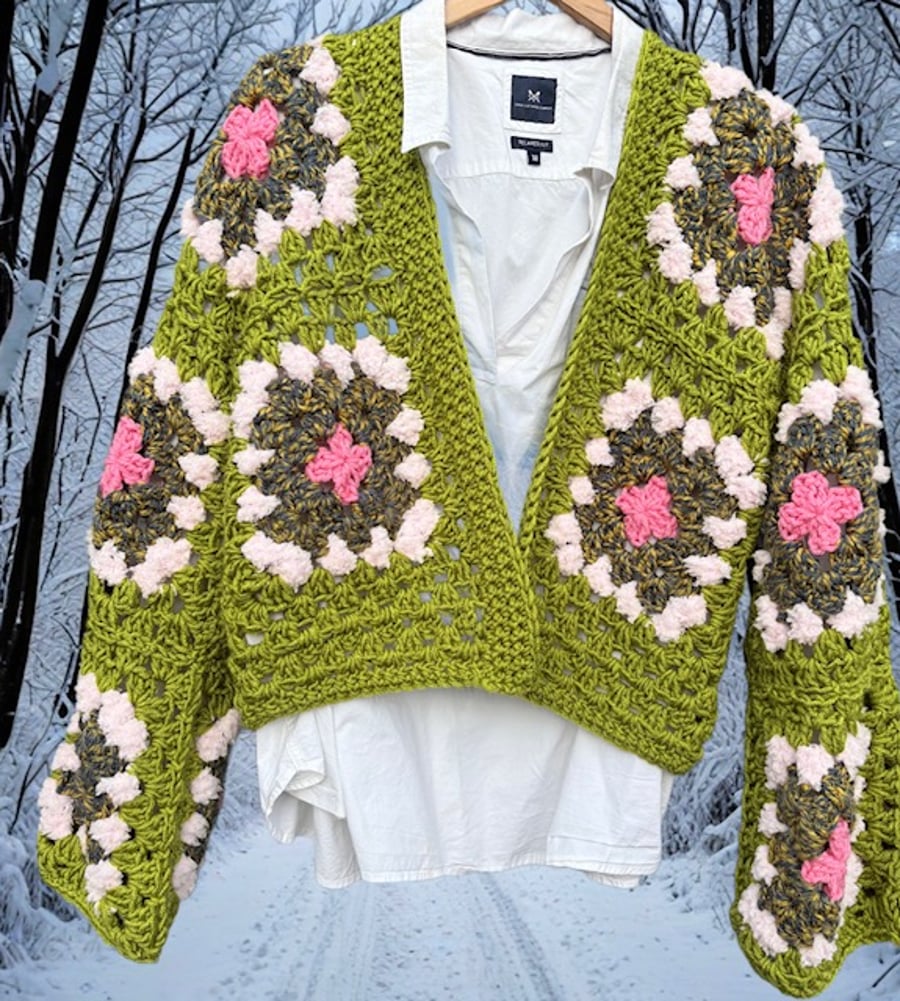 Forest Crochet Cardigan Size M, 12 - 14 UK