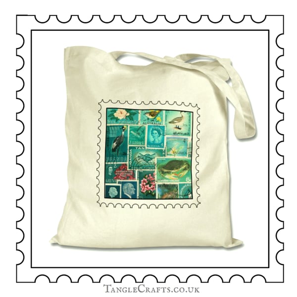 Turquoise Teal Postage Stamp Tote Bag, eco friendly natural cotton shopper