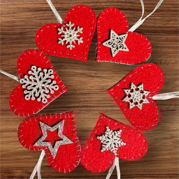 Christmas baubles sets,heart felt decorations with glittery snowflakes & stars